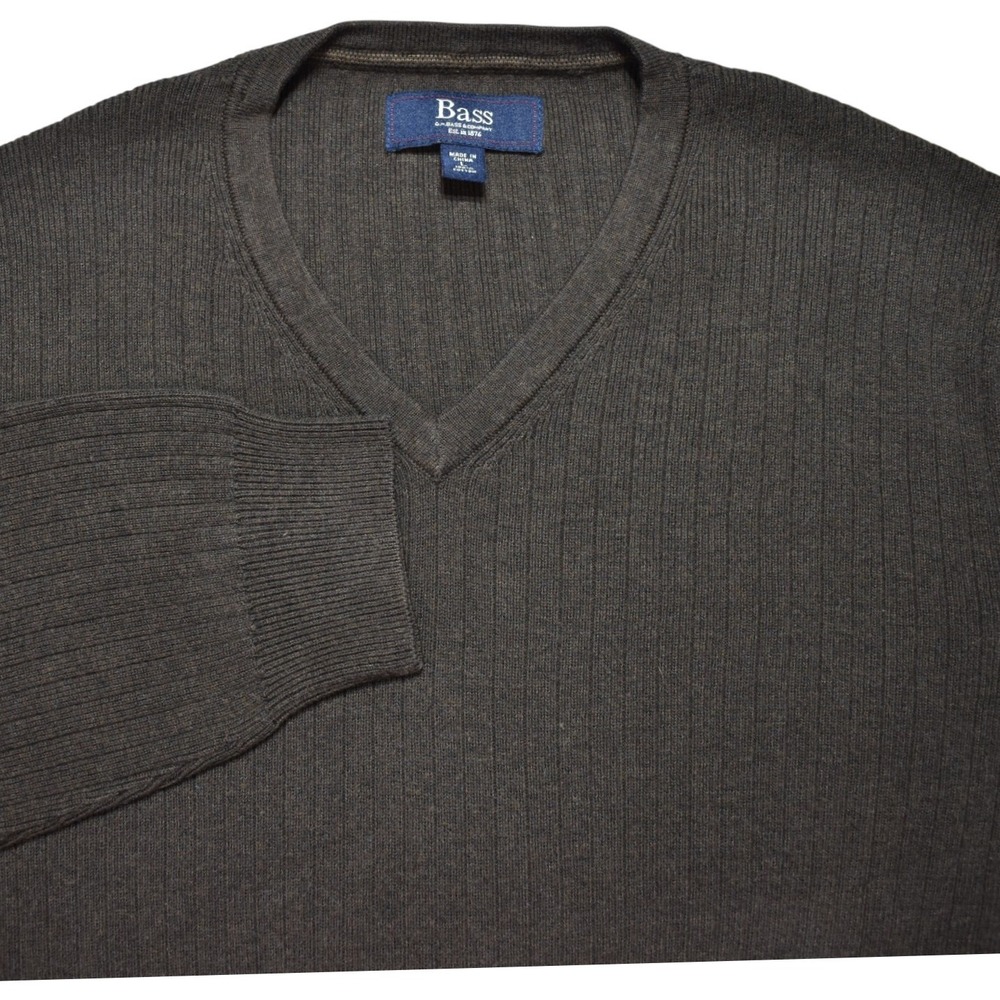 G.H. Bass & Co Womens Brown Ribbed V-Neck 100% Cotton Knit Sweater Large L